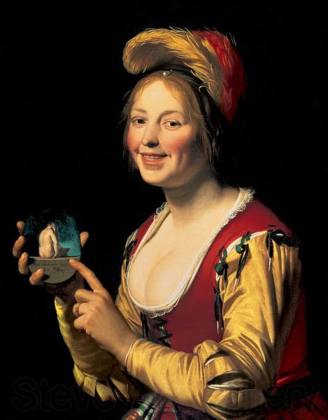 Gerard van Honthorst Smiling Girl, a Courtesan, Holding an Obscene